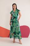 Şifon Kumaş Sulu Boya Efektli Allerli Kadın Elbise-Yeşil