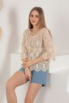 Embroidered Lace Fabric Tunnel-spirited Unlined Women's Blouse-Beige