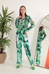Женские брюки из атласной ткани с акварельным эффектом и цветочным узором-Зелёный