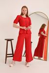 Bürümcük Kumaş Düğme Detay Altı Volanlı Bluz Kadın Takım-Kırmızı