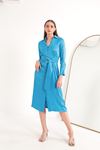 Saten Kumaş Düğme Detay Geniş Manşet Midi Kadın Elbise-Mavi