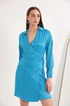 Saten Kumaş Anvelop Bağlama Detay Kadın Elbise-Mavi
