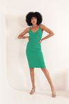 Triko Kumaş  Broşlu Midi Kadın Elbise-Yeşil