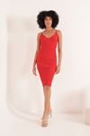 Triko Kumaş  Broşlu Midi Kadın Elbise-Kırmızı