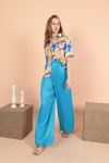 Satin Fabric Pleated Women's Trousers-Blue