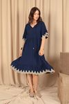 Viscose Fabric Embroidered Long Women's Dress-Navy