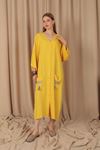 Viskon Kumaş Omuz Yırtmaç Detaylı Nakışlı Kadın Elbise-Sarı