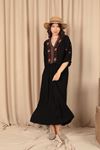 Viskon Kumaş Nakışlı Uzun Kadın Elbise-Siyah