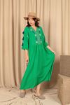 Viskon Kumaş Nakışlı Uzun Kadın Elbise-Yeşil