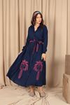 Viscose Fabric Embroidered Long Women's Dress-Navy Blue