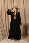 Viskon Kumaş Nakış Detaylı Uzun Kadın Elbise-SİYAH-TAŞ