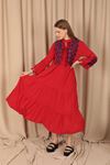 Embroidered Tassel Detailed Viscose Women's Dress-Red