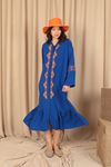 Viscose Fabric Ethnic Patterned Buttoned Women's Dress-Sax