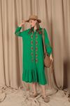 Viskon Kumaş Etnik Nakışlı Düğme Espirili Kadın Elbise-Yeşil