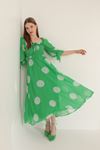 Şifon Empirme Puan Desen Gipeli Kadın Elbise-Yeşil