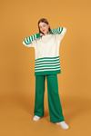 Women's Sweater Suit with Striped Sleeves and Skirt-Green