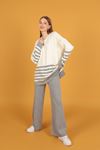 Women's Sweater Suit with Striped Sleeves and Skirt-Grey