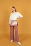 Women's Sweater Suit with Striped Sleeves and Skirt-Rose 