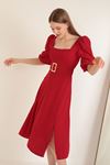 Krep Kumaş Balon Kol Kadın Elbise-Kırmızı