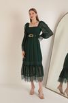 Şifon Kumaş Dantel Detaylı Kadın Elbise-Zümrüt Yeşil