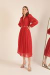 Empirme Şifon Kumaş Eteği Piliseli Kadın Elbise-Kırmızı