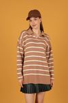 Tricot Fabric Striped Women's Sweater-Light Brown