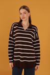 Tricot Fabric Striped Women's Sweater-Brown