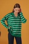 Tricot Fabric Striped Women's Sweater-Green
