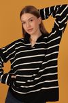 Tricot Fabric Striped Women's Sweater-Black