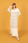 Tricot Fabric Striped Women's Dress-Ecru/Light Brown
