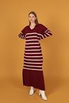 Tricot Fabric Striped Women's Dress-Burgundy