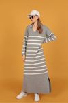 Tricot Fabric Striped Women's Dress-Grey