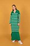 Triko Kumaş Çizgili Kadın Elbise-Yeşil/Ekru