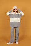 Tricot Fabric Striped Women's Suit-Grey