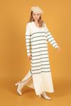 Tricot Fabric Striped Women's Dress-Ecru/Mint