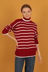 Женский свитер в полоску с водолазкой-Kрасный