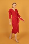 Puan Desen Karpuz Kol Örme Crep Elbise-Kırmızı