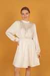 Silvery Satin Shirring Detail Dress-White