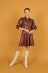 Leather Buttoned Balloon Sleeve Dress-Camel Brown