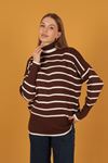 Turtleneck Striped Women's Sweater-Brown