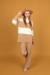 Half Herringbone Collar Women's Knitwear Suit-Light Brown