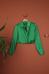 Kruvaze Kısa Saten Kadın Bluz-Yeşil