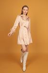 Satin Women's Dress with Feathered Sleeves-Beige