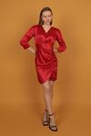 Kruvaze Büzgülü Saten Kadın Elbise-Kırmızı