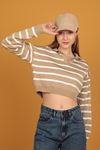 Shirt Collar Knitwear Striped Crop-Light Brown