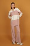 Tricot Fabric Striped Women's Suit-Light Pink