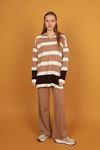 Tricot Fabric Striped Women's Suit-Light Brown