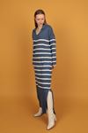 Tricot Fabric Striped Women's Dress-İndigo