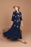 Женское платье из вискозной ткани с пальмовой вышивкой-Темно синий