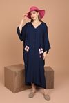 Viskon Kumaş Aplike Nakışlı Püskül Detay Kadın Elbise-Lacivert